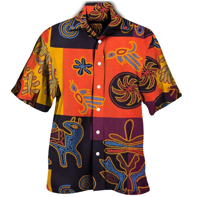 

African Dashiki Men Shirts Coloful Vintage Ethnic Print Lapel Short/Long Sleeve Button Up Tops Traditional Couple Street Clothes