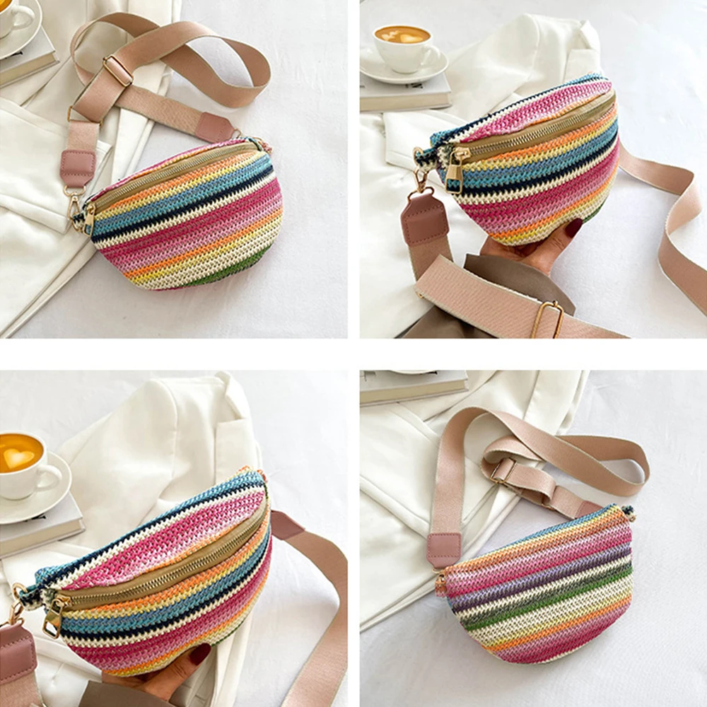Boho Weaving Sling Bag Women Luxury Designer Striped Knitted Waist Bag Ladies Fashion Versatile Guitar Strap Crossbody Chest Bag