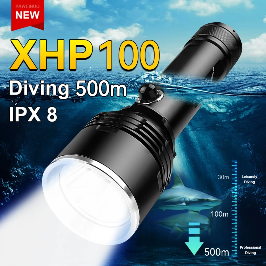 Professional Diving Flashlight XHP100 Powerful Torch Underwater Flash Light Waterproof Lantern Rechargeable Lamp Dive Depth 500m