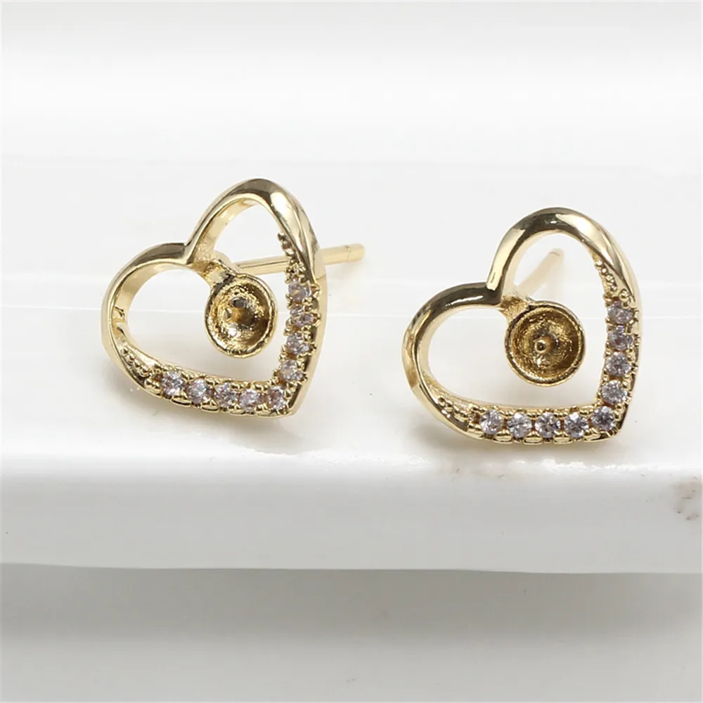 

Gold plated K gold craft Heart shaped zircon pearl ear stud earpin 925 silver DIY accessories