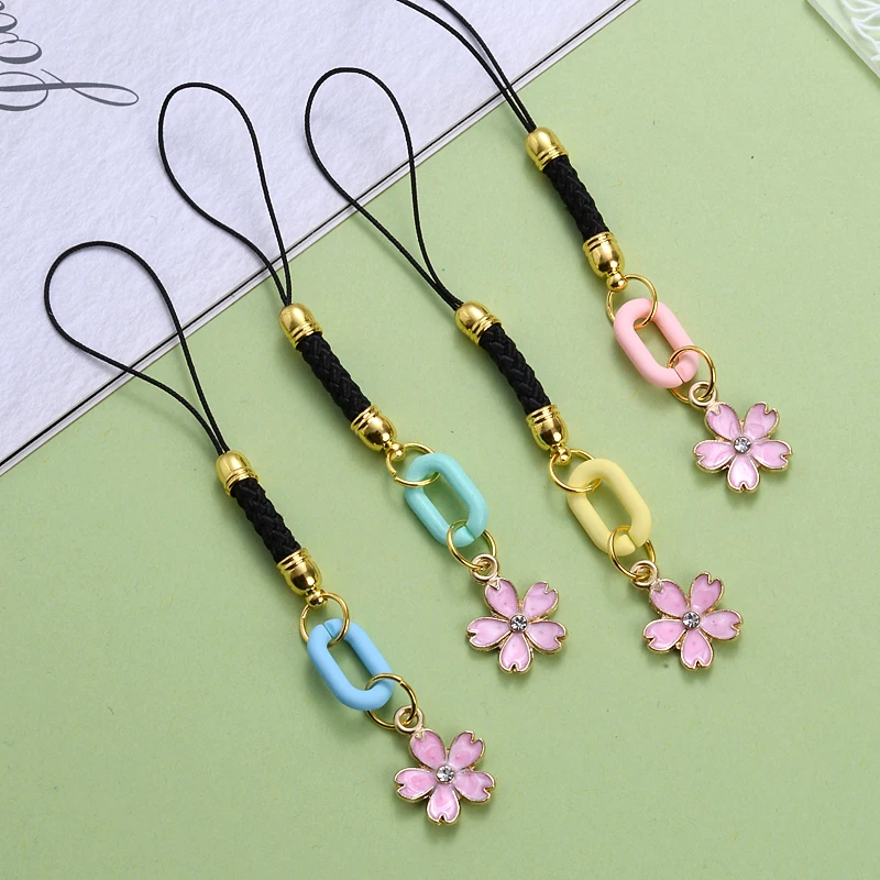 1Pcs Metal Mobile Phone Pendant Pink Flower Petals Ladie Gift Diagonal Phone Lanyard Anti-Lost Key Chain Accessories Decoration