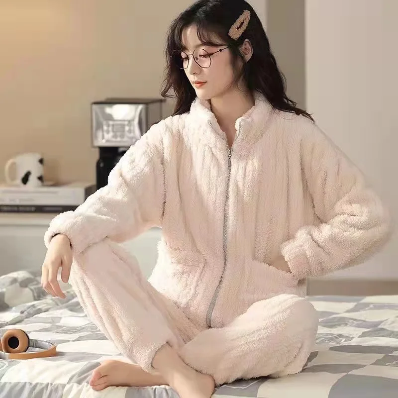 2022 New Women's Pajamas Sets Winter Thick Warm Flannel 2 Pieces/Sets Long Sleeve Trouser Suit Female Homewear Pijama