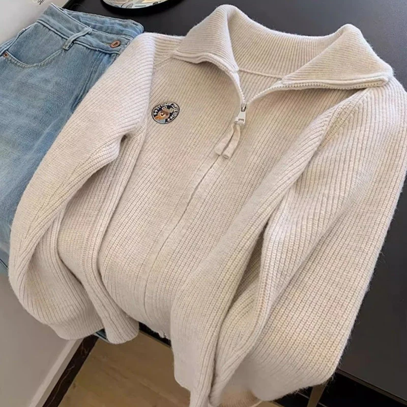 Серый вязаный свитер кардиган женский осенне-зимний новый пальто с отложным