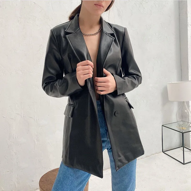 Y2K Women's PU Leather Jacket Adults Coat Long Sleeve Tailored Collar Outwear Fake Pockets Casual High Streetwear