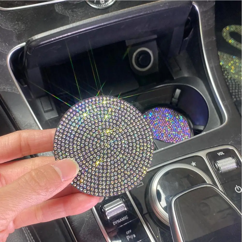 

2PCS Diamond Car Coaster Water Cup Slot Non-Slip Mat Silica Gel Pad Cup Holder Mat Car Gadget Bling Car Accessories For Woman