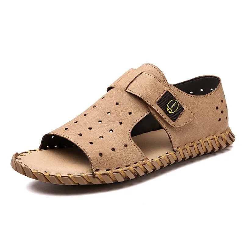 

Outdoor Men Slippers Summer Shoes Men Outside Beach Sandalias Soft Leather Hollow Men Footwear Plus Size Male Sandals Flat Shoes