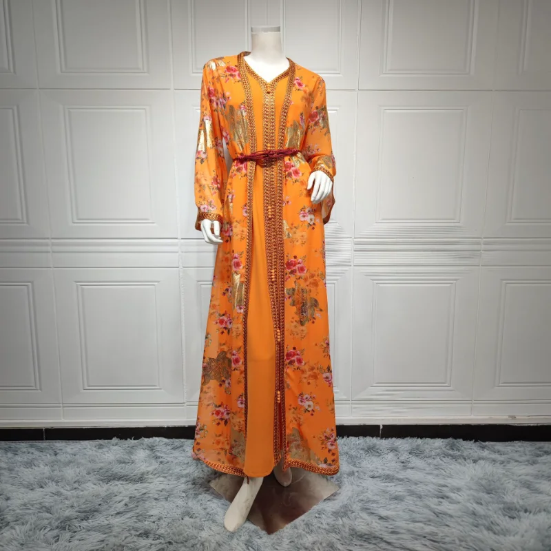 2023 Summer Elegant Muslim Women Long Sleeve V-neck Polyester Orange 2 Pieces Set Long Abaya with Inner Muslim Fashion Dresses
