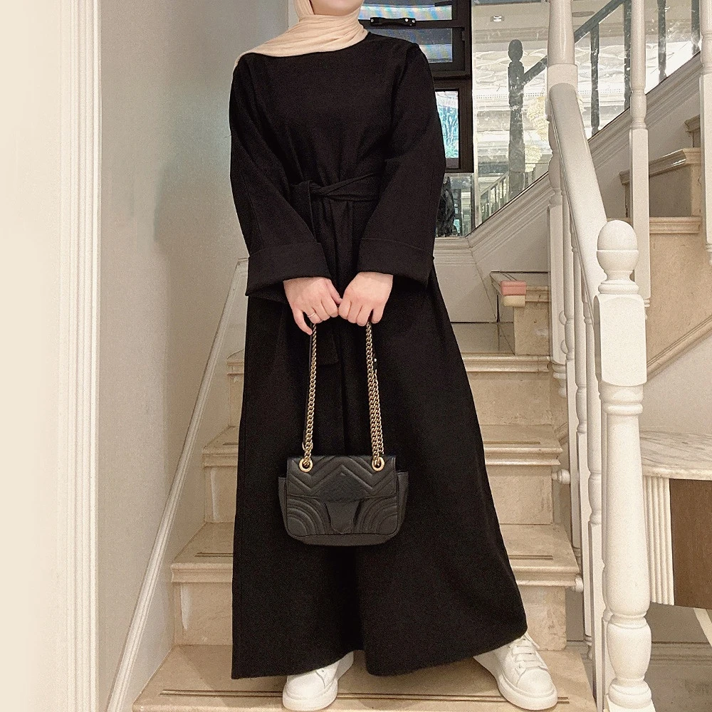 Dubai Turkey Middle East Solid Color Muslim Dress Fashion Long Sleeve Robe Abayas for Women Vestidos Largos Moroccan Kaftan