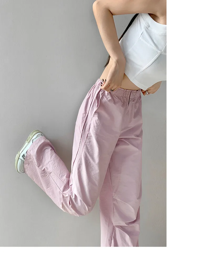 

WOMENGAGA Campus Street Pink Thin Elastic Waist Cargo Pants For Women Loose Thin Fast Dry Pleated Wide Leg Paper Bag Pants 0X3E