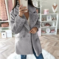 2021 autumn and winter lapel thick woolen coat womens mid length solid color loose long sleeved plush coat imitation fur coat
