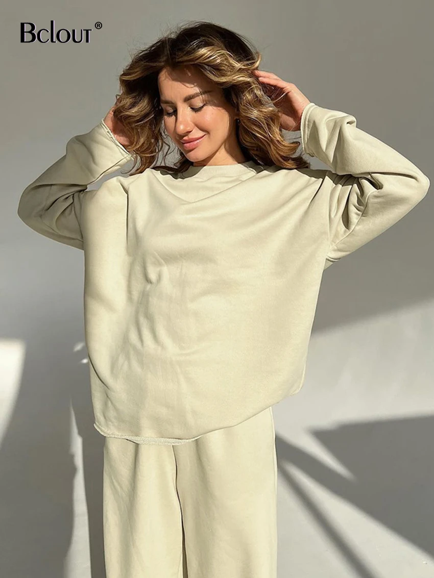 

Bclout Autumn Loose Pants Sets Women Two Pieces 2023 Fashion Office Lady O-Neck Solid Hoodies Elegant Party Wide Leg Pants Suits