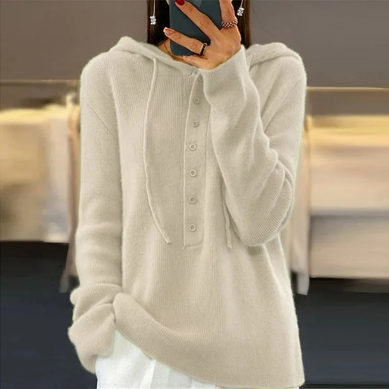 Осень-зима женский свитер с капюшоном модные пуговицы длинным рукавом шерстяной
