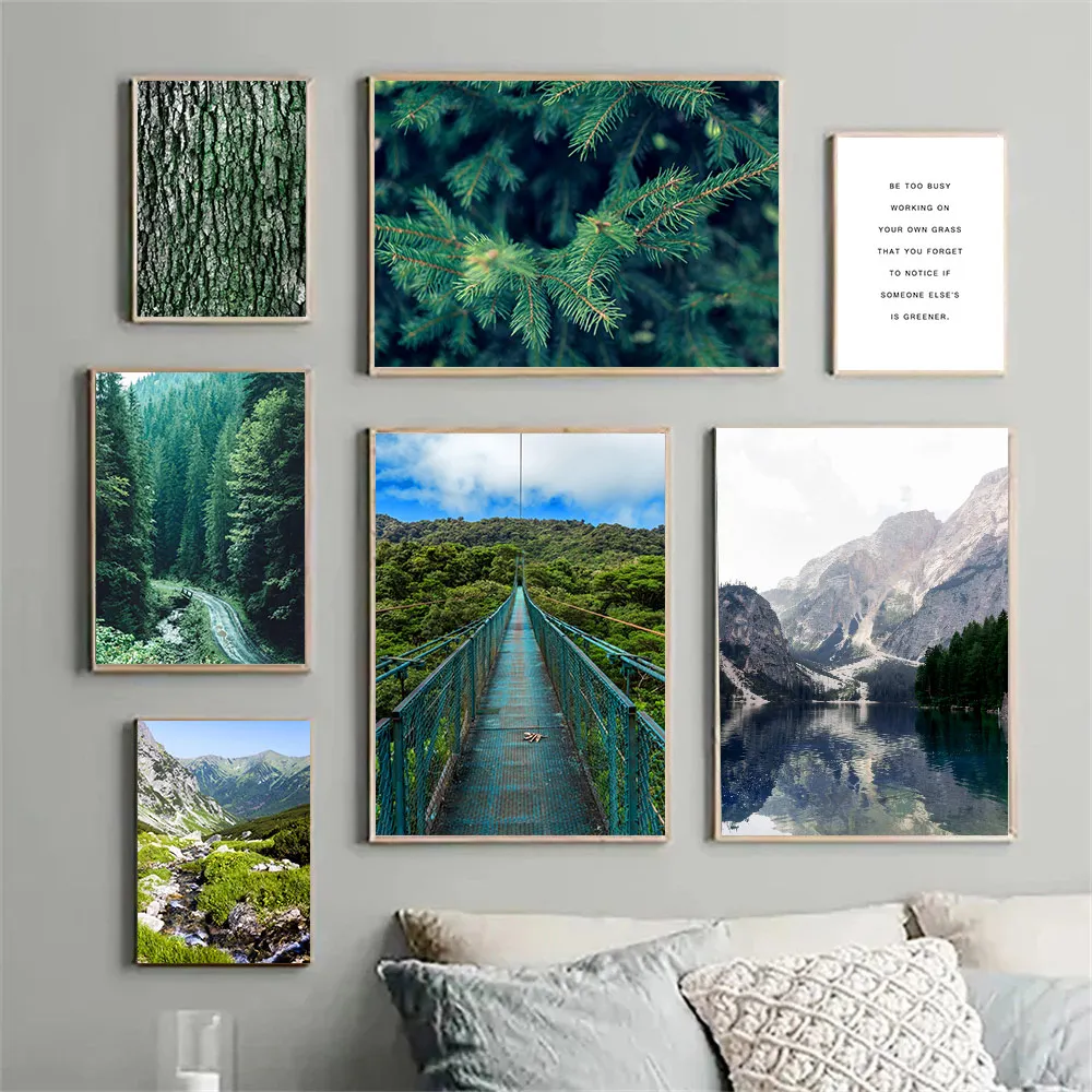 

Bark Pine Nature Poster Mountain Lake Landscape Forest Road Bridge Canvas Painting Nordic Wall Art Pictures Living Room Decor
