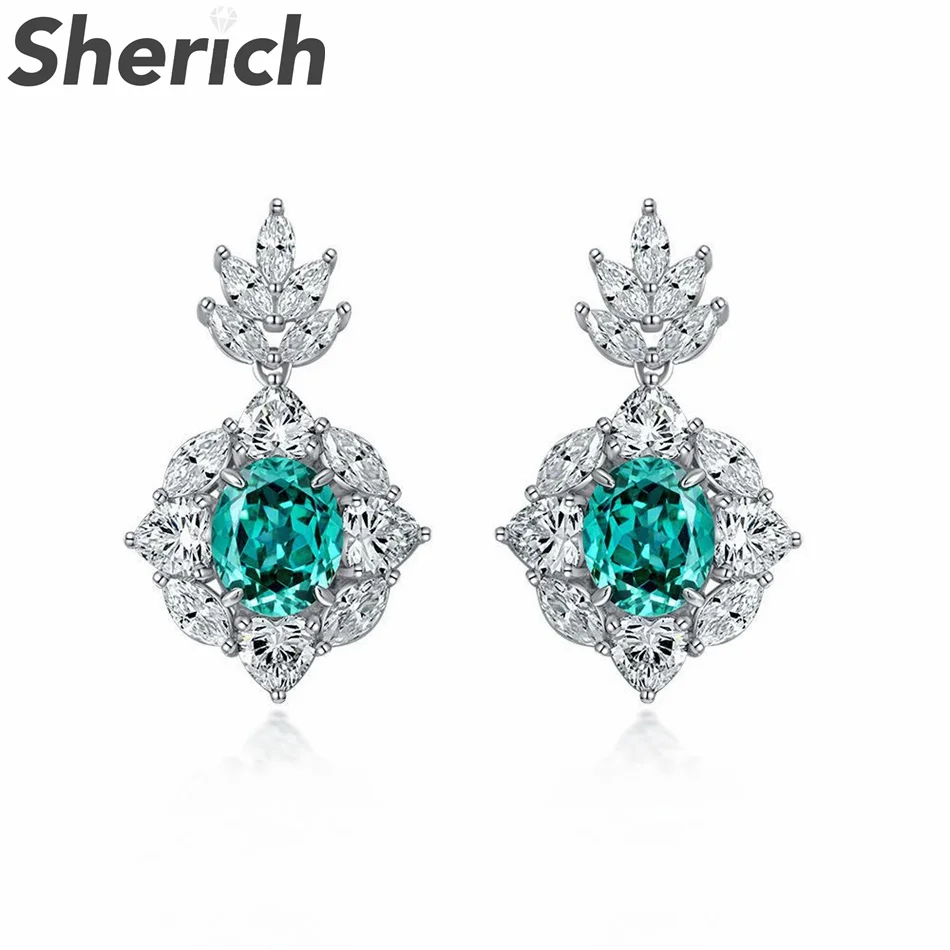 

Sherich 2ct Oval Paraiba Green High Carbon Diamond S925 Sterling Silver Elegant Versatile Leaf Drop Earrings Women Brand Jewelry