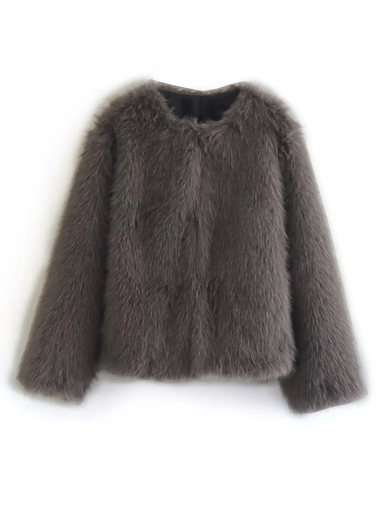 Spring And Autumn Women's Grey Brown Fake Fur Round Neck Long Sleeve Loose Jacket Warm Fashion Vintage Style