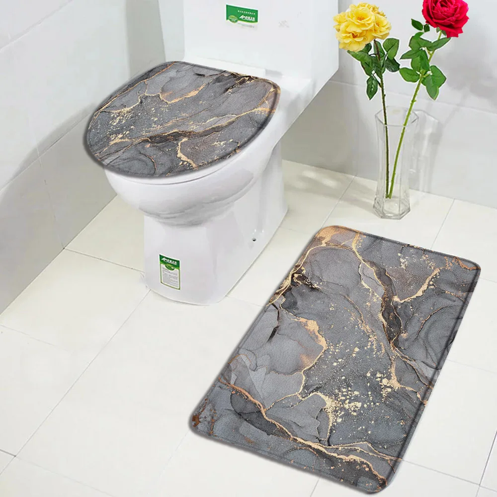 Grey Marble Bath Mat Set Abstract Textured Pattern Modern Home Floor Carpet Bathroom Decor Non-Slip Rug Toilet Lid Cover