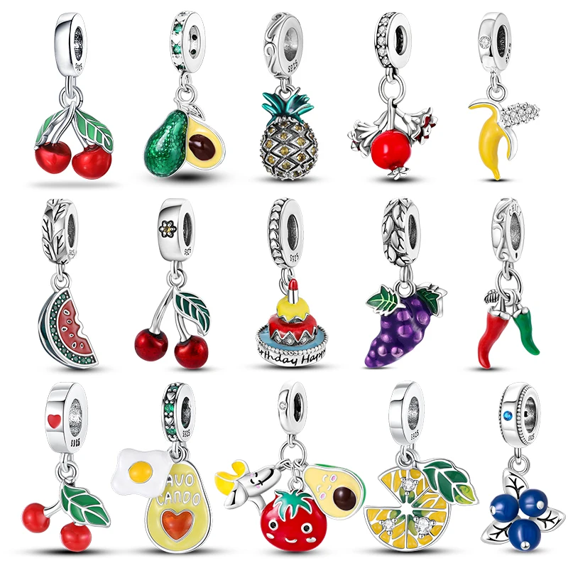 

Fit Pandora 925 Original Bracelets Fashion Avocado Cherry Watermelon Banana Fruit Silver Charms Beads DIY Birthday Jewelry Gifts