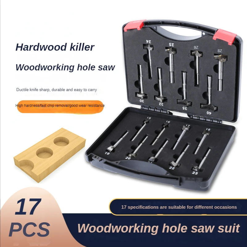 17pcs15-40mm Forstner Carbon Steel Boring Drill Bits Woodworking Self Centering Hole Saw Tungsten Carbide Wood Cutter Tools Set