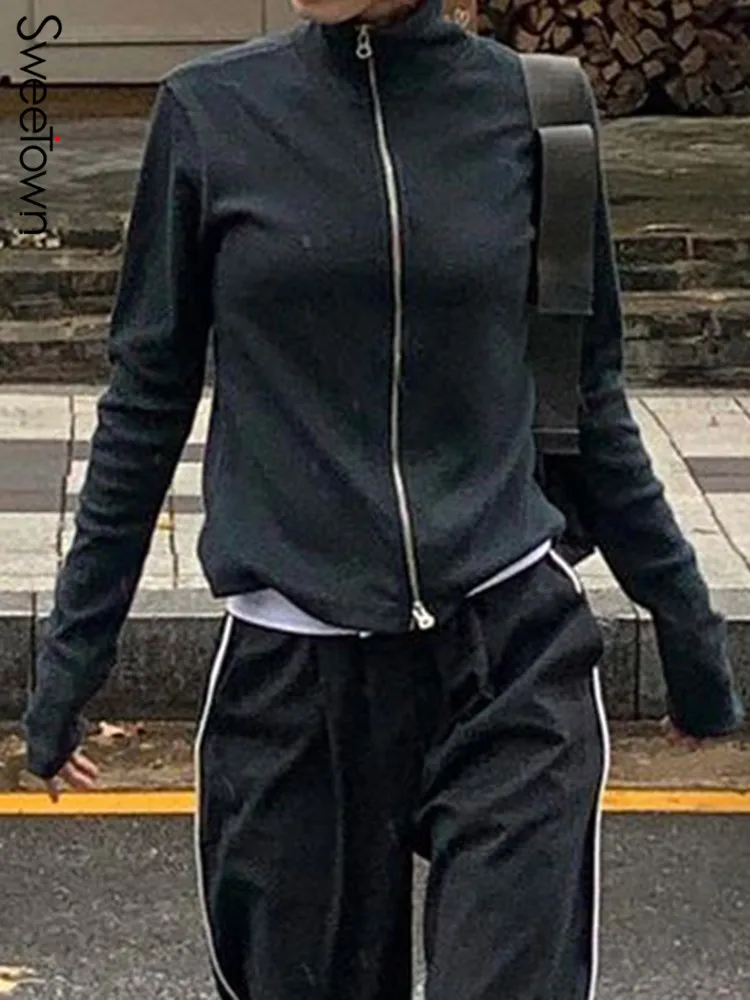 

Однотонные толстовки, черные базовые Топы, облегающие куртки Sweetown, повседневные уличные укороченные осенние женские длинные куртки на молн...