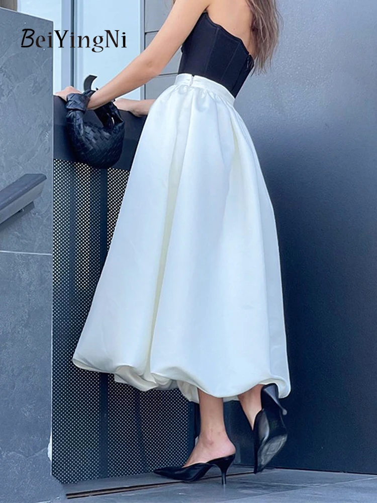 

Beiyingni Fashion Luxury Bud Skirt Women Elegant Satin High Waist A-line Tutu Maxi Skirts Ladies White French Chic Faldas 2023