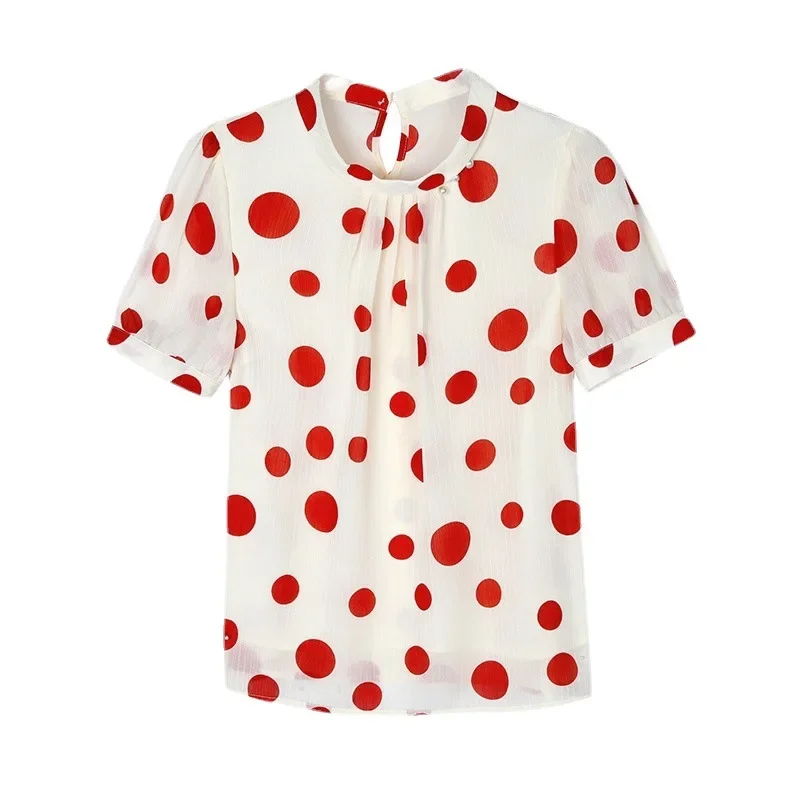 Модная шифоновая блузка в горошек с коротким рукавом женская летняя Новинка 2024