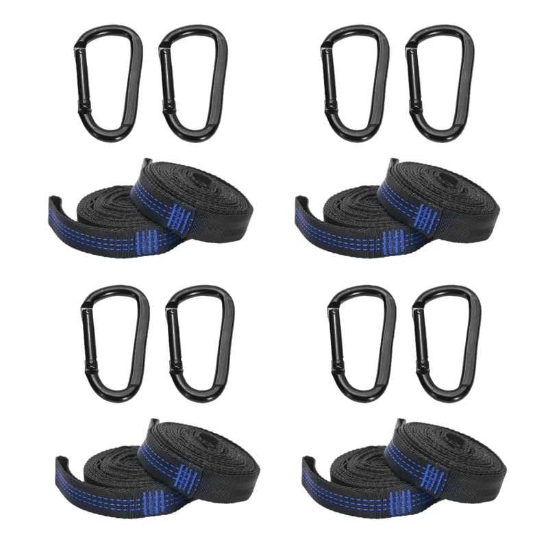 

8 PCS Outdoor Hammock Strap Double Ring With D-Shaped Steel Buckle Carabiner Blue