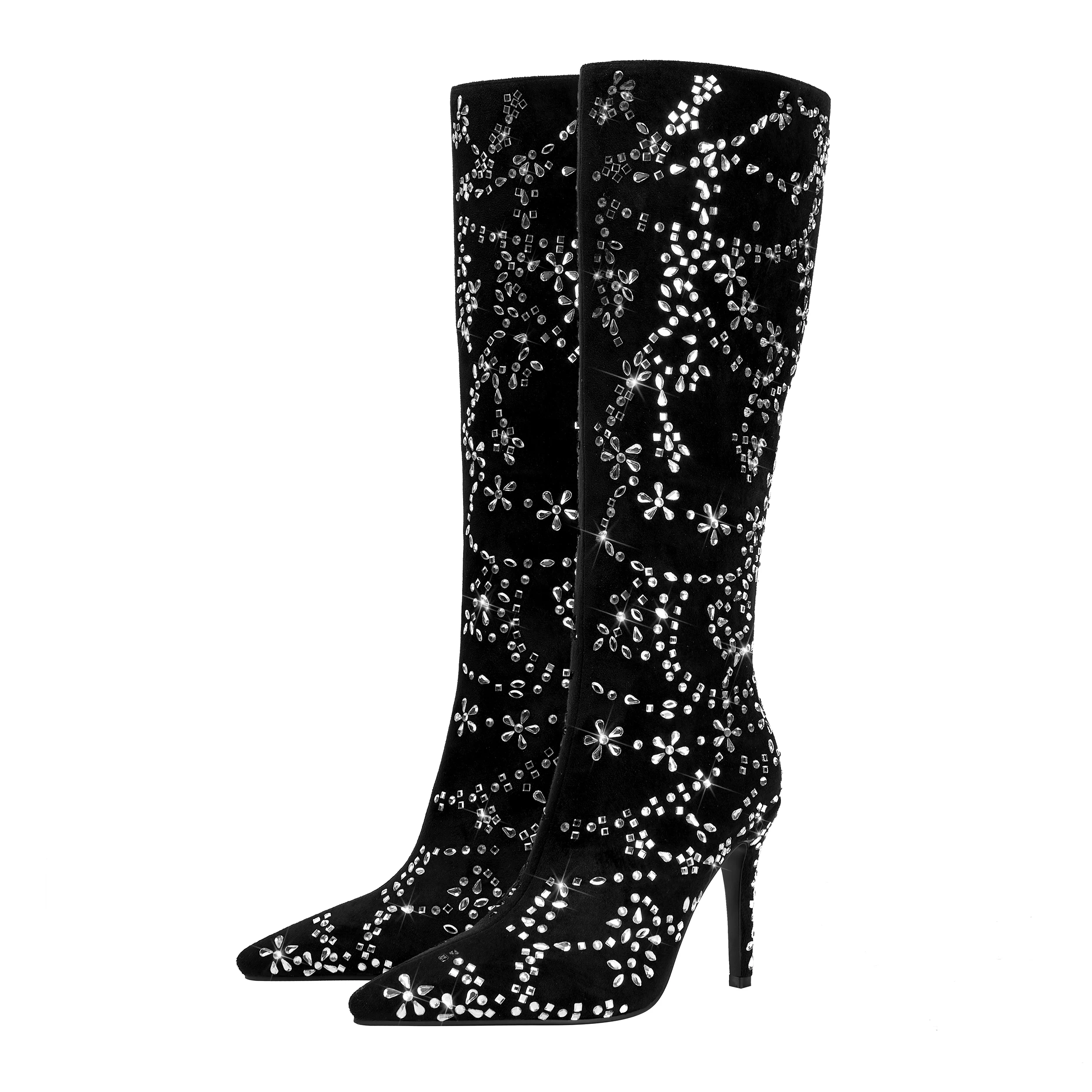 

Gorgeous Rhinestone Pointed Thin High-Heeled Boots Increase Height and Slim Knight Boots Large Size Sexy Women's Boots 35&46