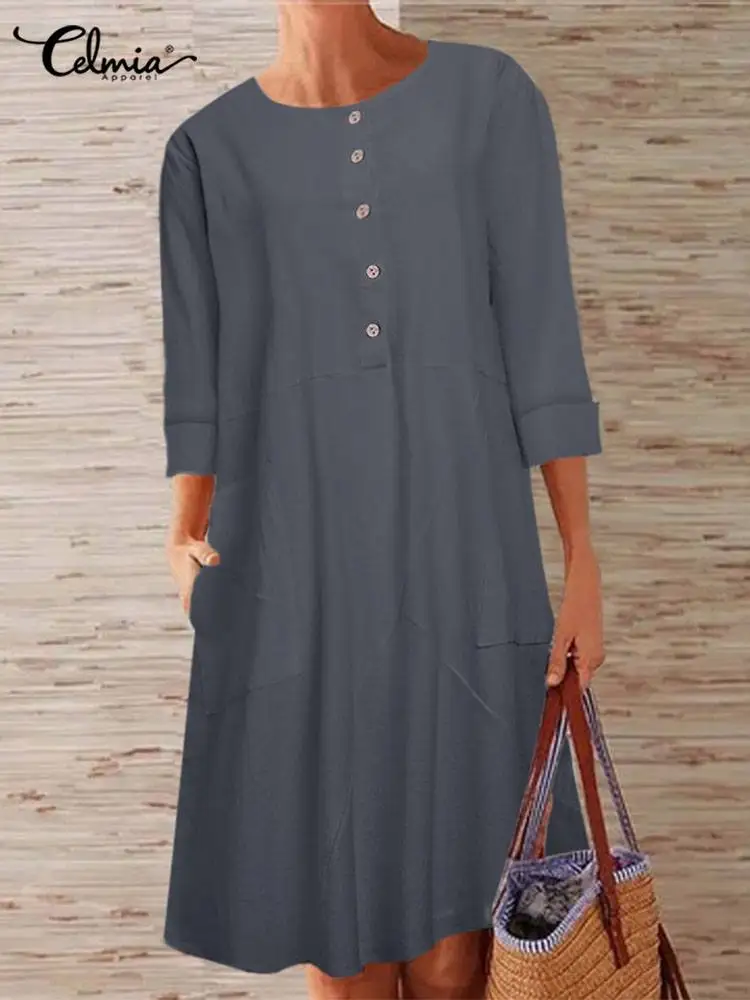 

Celmia 2022 Women Summer Shirt Dress Vintage Fashion Solid Mini Vestidos Long Sleeve Casual Loose Buttons Vintage Beach Sundress