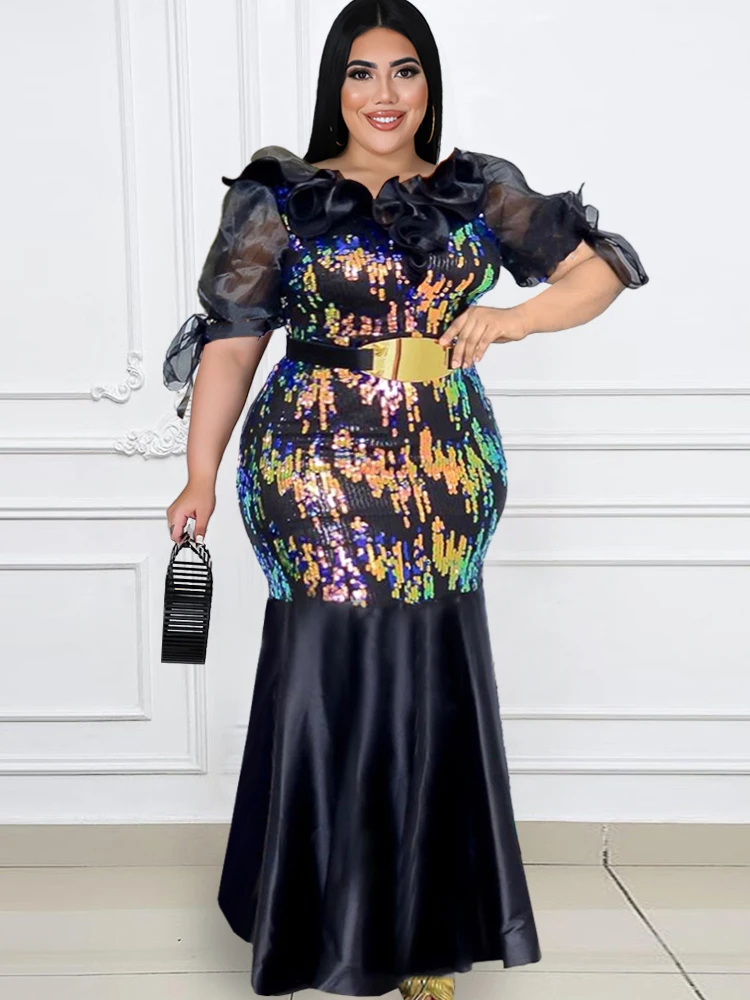 Plus Size Sequined Evening Dress Women Black Maxi Mermaid Puff Short Sleeve Flora Neck Homecoming Party Gowns Summer Autumn 2023