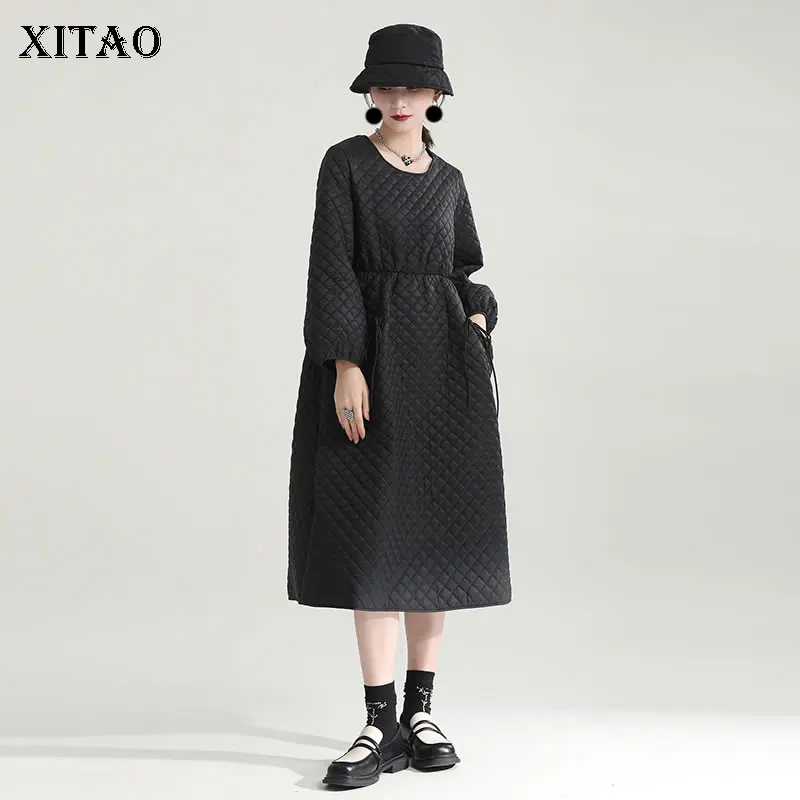 

XITAO, черное теплое платье, ромбовидная решетка, свободная мода, простота, круглый вырез, воротник, темперамент, для женщин, весна 2022, новинка ...