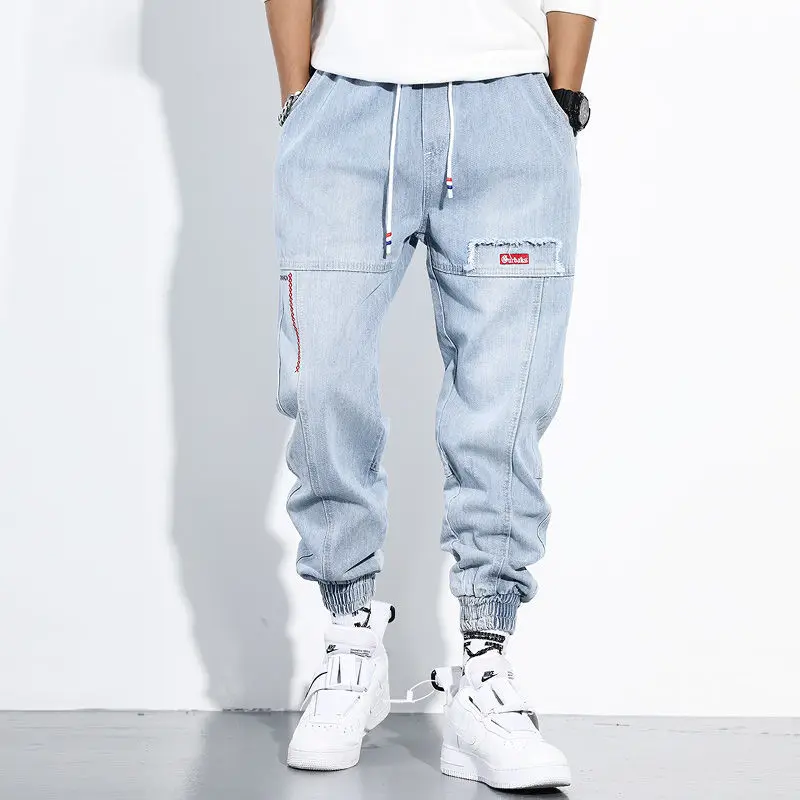 Summer Ripped Jeans Men's Fashion  Loose Korean Elastic Waist Ankle-Length Harem Denim Jeans for Men Ripped Trousers