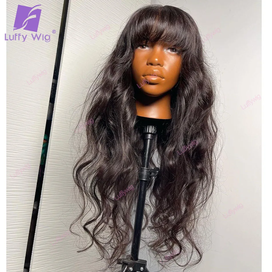 Wavy Human Hair Scalp Top Wig With Bangs For Black Women Full Machine Made Scalp Top Wig Peruvian Remy Hair Wigs luffywig