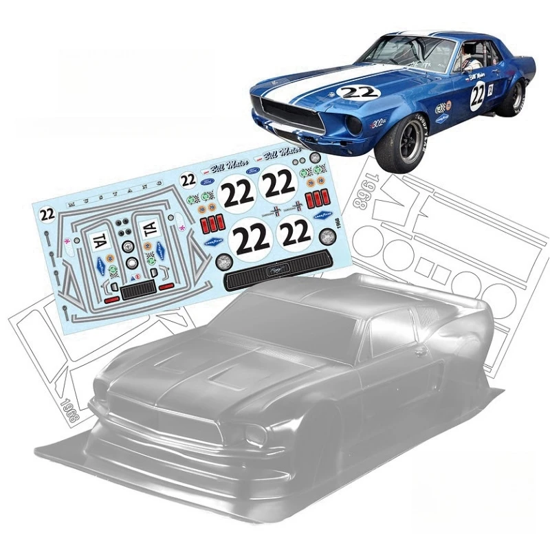 

Прозрачный чехол для кузова автомобиля 1/10 1968 Ford Mustang Lexan с цветными наклейками