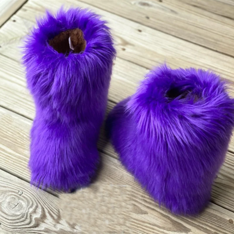 2021New Designer Colorful Women Fake Fluffy Fox Fur Snow Boots Luxury Furry Faux Raccoon Fur Winter Boots Plush Warm Boots Shoes