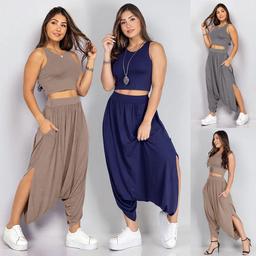 

women casual set elegant fashion pants sets tank top and harem pants two pieces set for women Solid Sleeveless Summer women sets