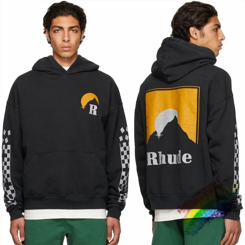 

Sunset Print Rhude Hoodie Men Women Washed Vintage Oversized Pullover