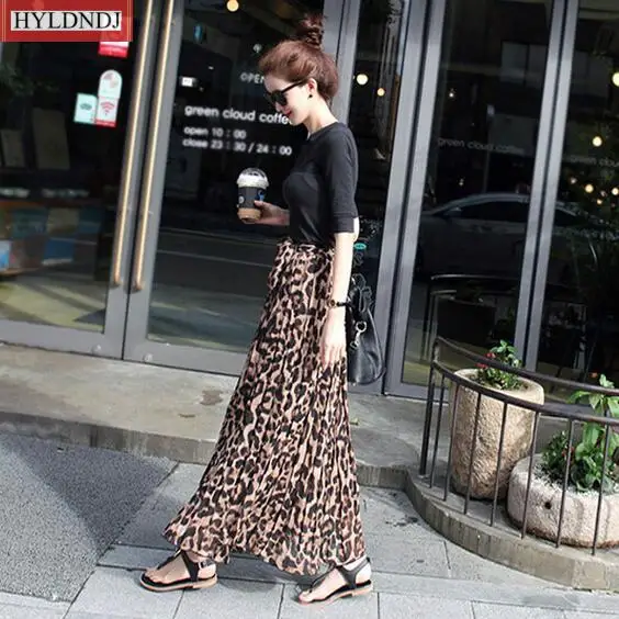 New Summer Women Chiffon Flowers Long Leopard Print Skirt Elastic High Waist Chiffon Pleated Slim Fit Casual Maxi Skirt