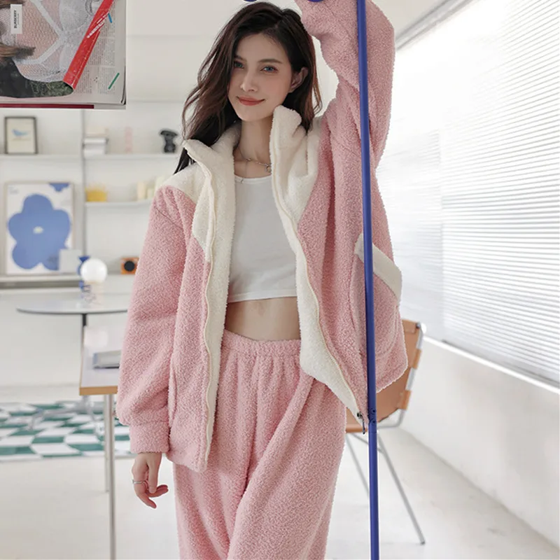 

Fdfklak Casual Winter Pajamas Women New Long Sleeve Home Clothing Thicken Flannel Sport Style Outside Wear Set Pyjamas Femme