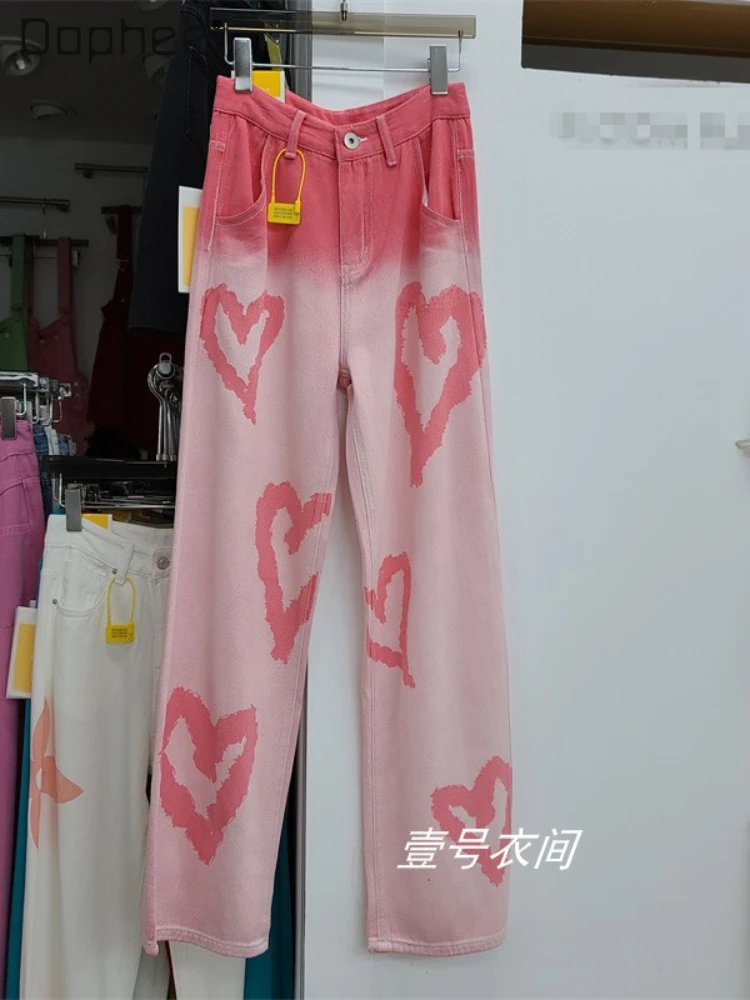 

Gradient Pink High Waist Wide Leg Jeans Feminina Summer 2022 New Korean Style Woman's Loose Slimming Draped Denim Mop Trousers