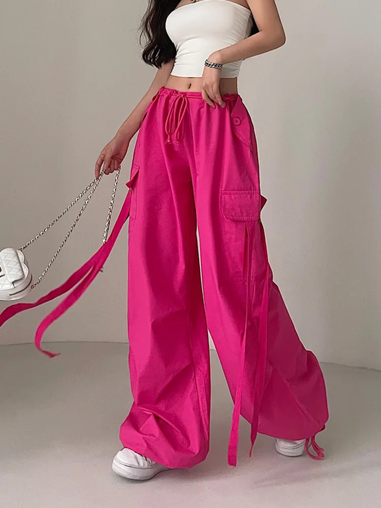 

Street Loose American Slim Drawstring Legged Streamer Overalls Wide Leg Casual Pants Trend Rose Red Hot Sexy Korean L99