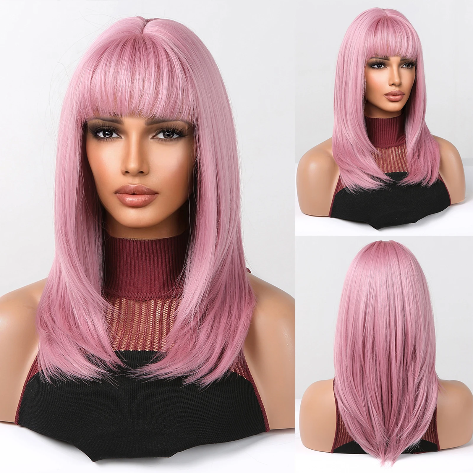 EASIHAIR Medium Length Pink Bangs Wig Layered Straight Synthetic Wig for Women Colorful Cosplay Party Lolita Heat Resistant Hair