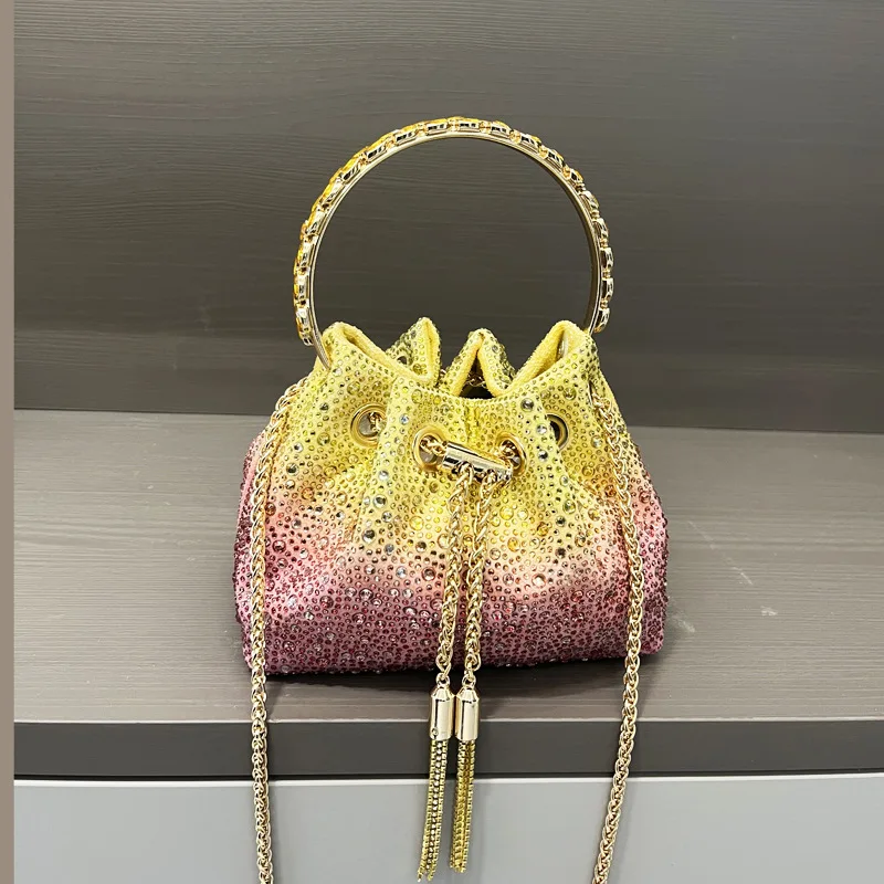 

Luxury Design Women's Rhinestone Bucket Bag Design Round Handle Handbag Female Evening Bag High Quality Party Wedding Clutches