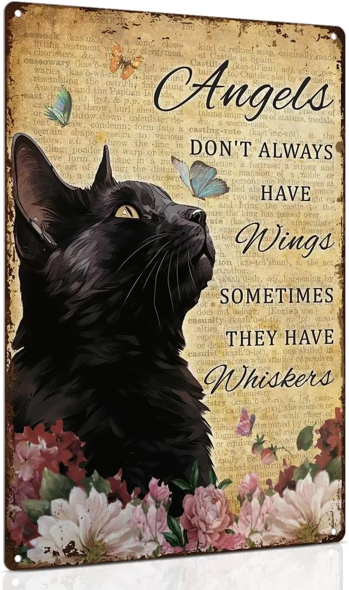LKB Blck Ct Memorl Gfts Vntge Home Wll Decor 8x12 nch - ngels Don't lwys Hve Wngs Sometmes They Whskers Metl Sgn