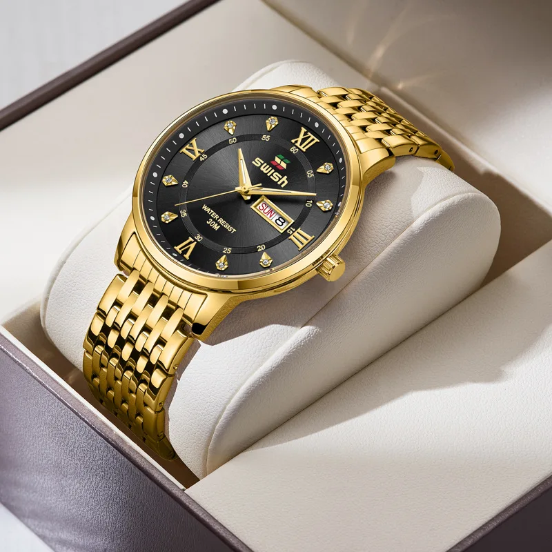 2023 popular double calendar waterproof luminous diamond inset British men's watch a piece of hair