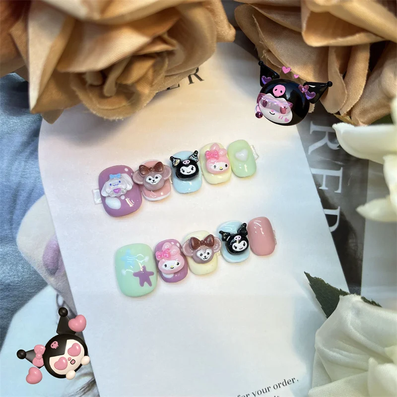 

Sanrio Mymelody Kuromi Series Purely Handmade Press-On Nails Summer Kawaii 3D Decoration Colorful Cartoon Short Square Nail