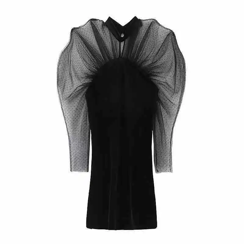 

2021 Spring and Fall New Women Sexy Mesh Stitching Velvet Black Dress Female Long Sleeve Short Dress Solid Color Party Dress