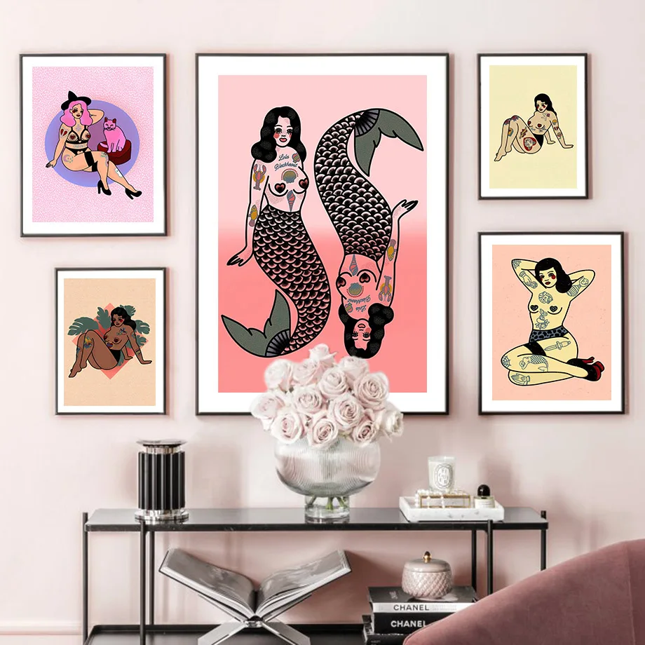 Розовый Леопард Девушка Феминизм Русалка Ретро Настенная Картина на Холсте