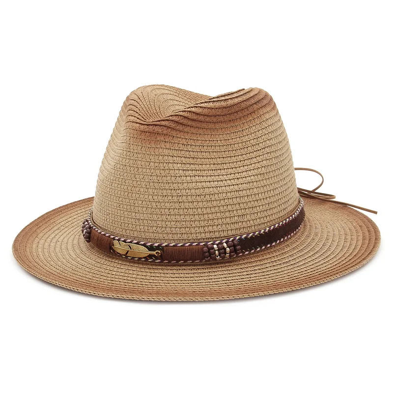 

Vintage Women Summer Panama Fedora Straw Hat Gradient Top Man Sun Shade Beach Hat Paper Cap Delicate Belt Wide Brim