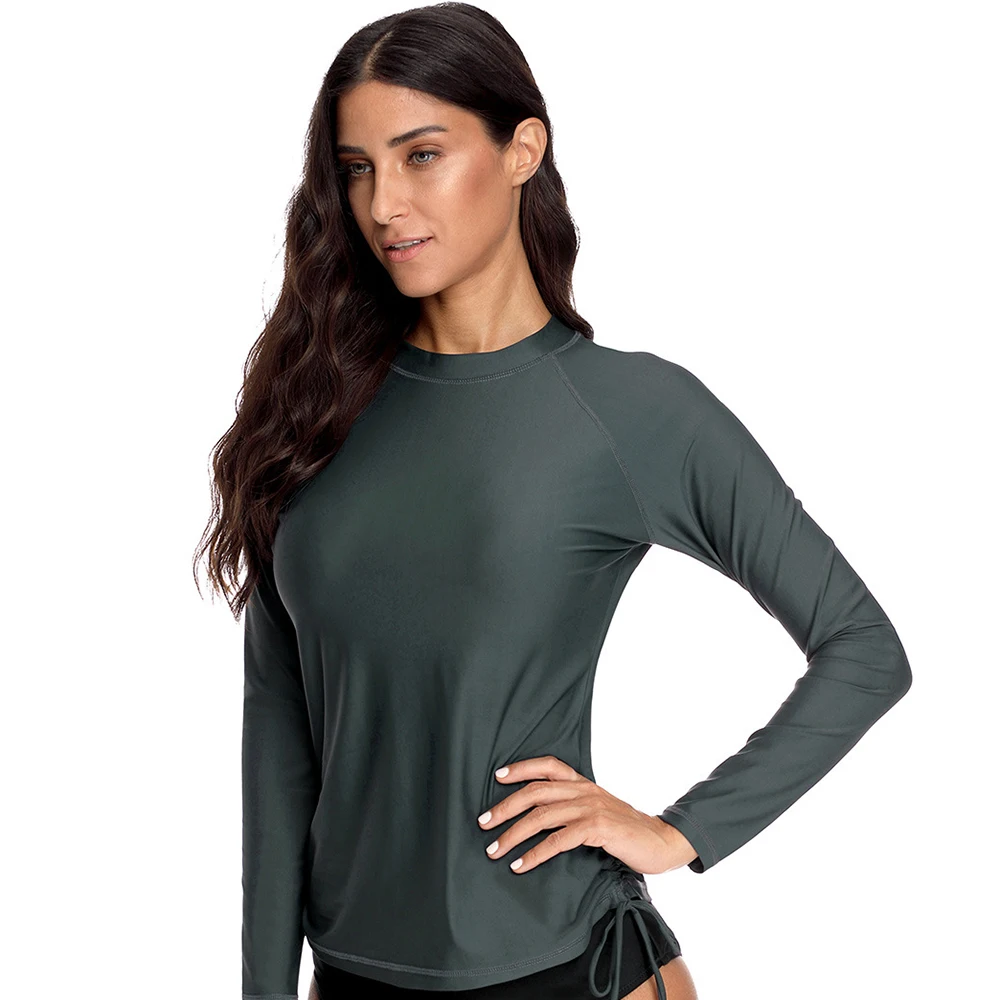New Women's Fashion Solid Color Split Long Sleeve Sunscreen Swim Surf Top Stretch Comfortable Quick Dry Beach Fitness Surf Top