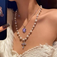 2 pcs 2022 new punk vintage double layer purple heart choker long pearl cross pendant necklaces rhinestone necklace for women